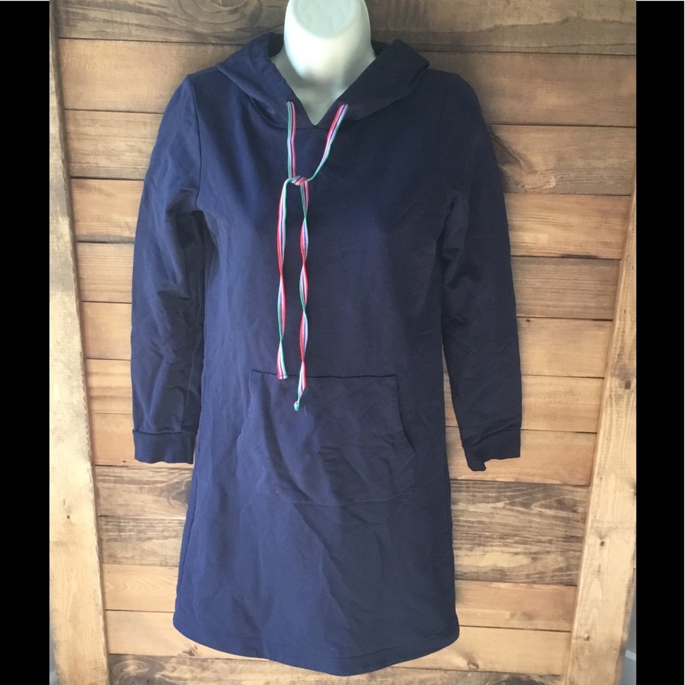 Boden Oriel Sweatshirt Hoodie Dress in Navy Blue with Stripes Size 2